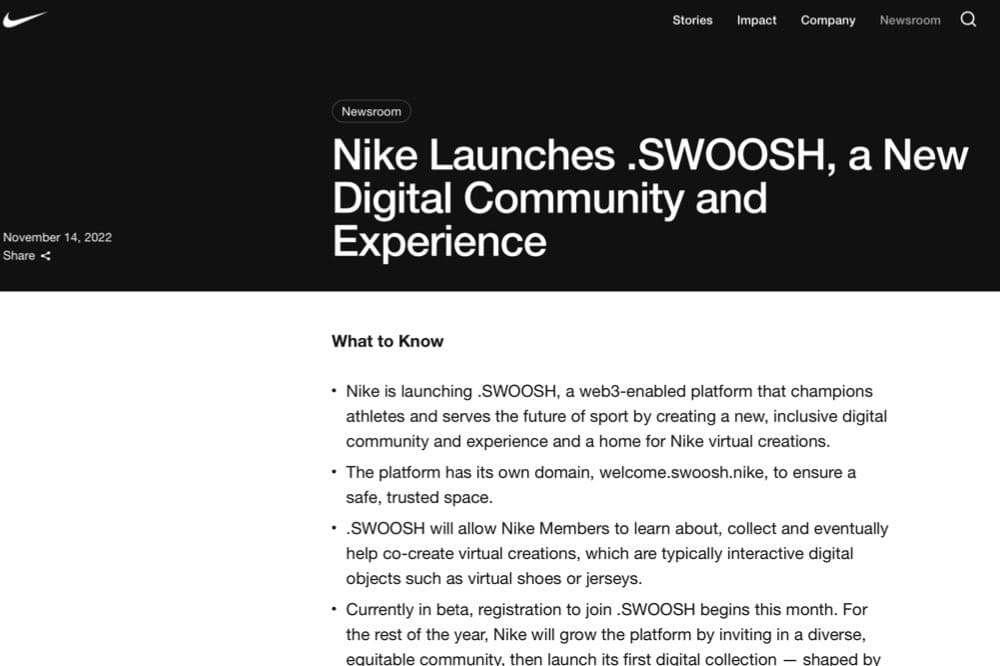 NIKEのWeb3プラットフォーム「.SWOOSH」の提供予定コンテンツ
